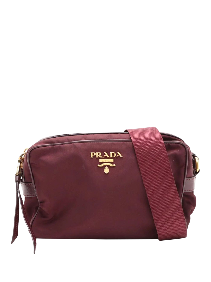Product image 1 of 10, which shows Pre-loved Prada Nylon Gold Hardware Crossbody Bag, Burgundy