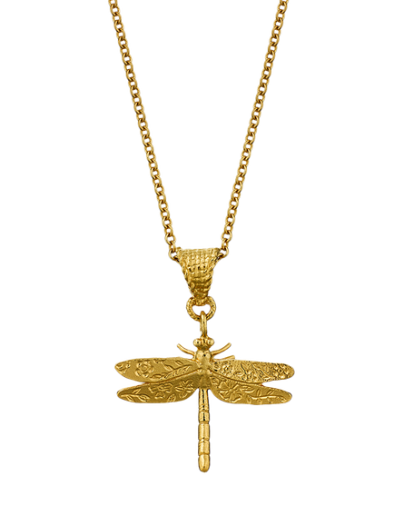 Alex Monroe Floral Engraved Dragonfly Charm Necklace, Yellow Gold, Yellow Gold