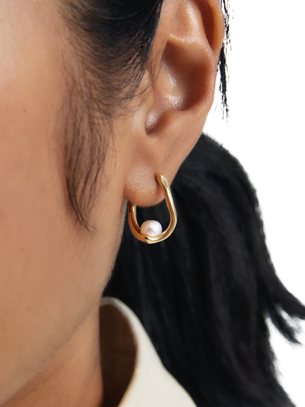 PDPAOLA Pearl Hoop Earrings, Gold - view 2, Gold