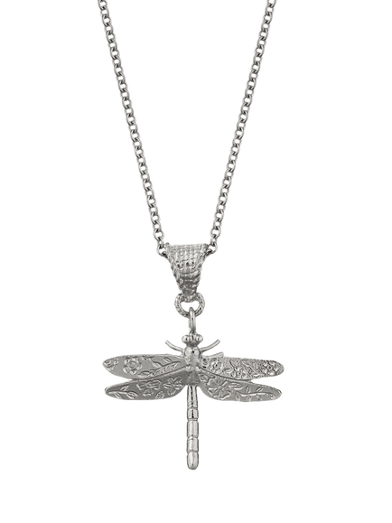 Alex Monroe Floral Engraved Dragonfly Charm Necklace, Silver, Silver
