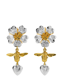Alex Monroe Wild Rose Heart Drop Stud Earrings, Mixed Metal, Mixed Metal