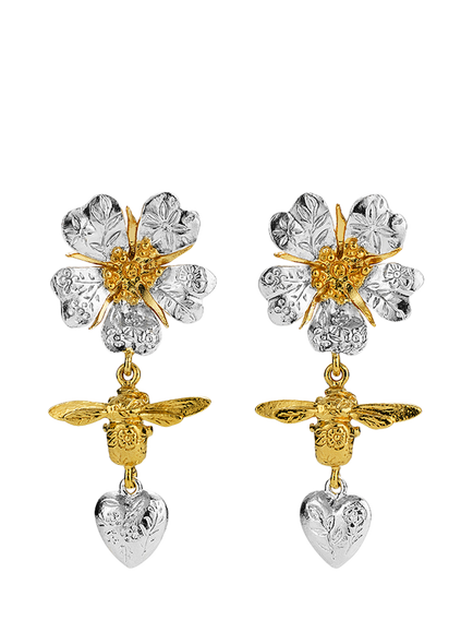 Alex Monroe Wild Rose Heart Drop Stud Earrings, Mixed Metal, Mixed Metal