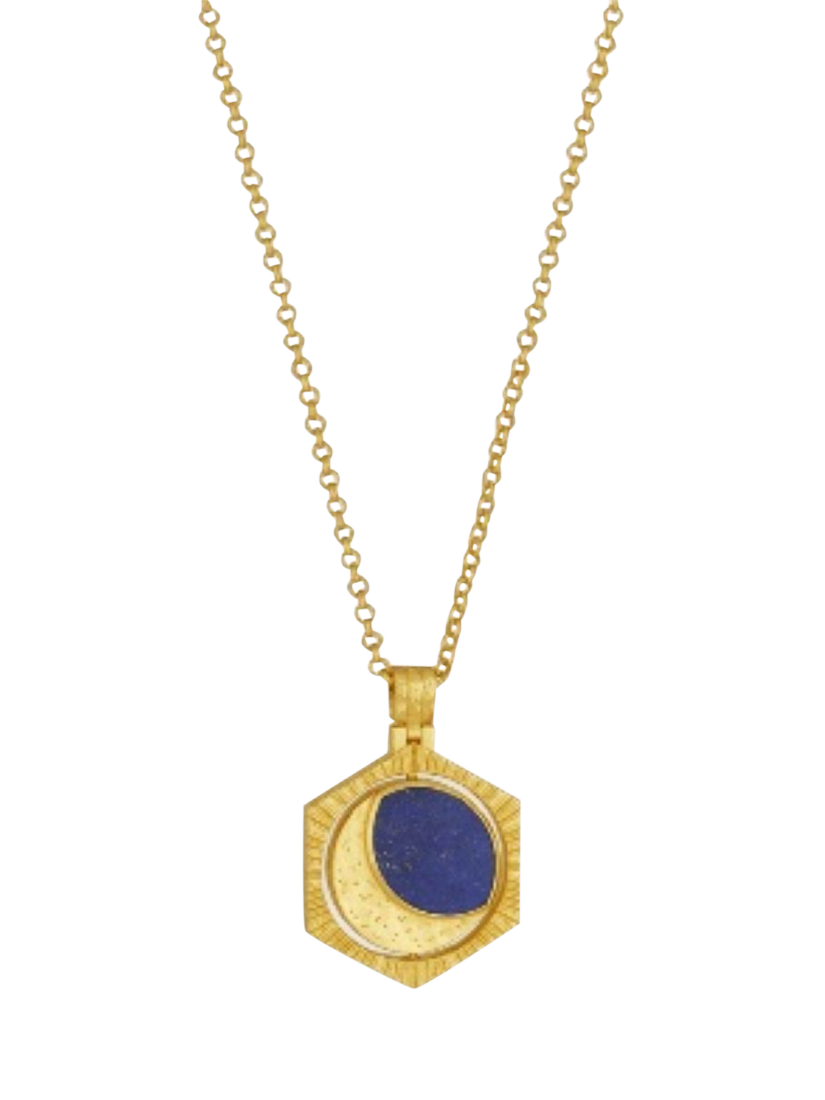 Product image 1 of 7, which shows Ottoman Hands Lapis Moon Rotating Pendant Necklace, Gold