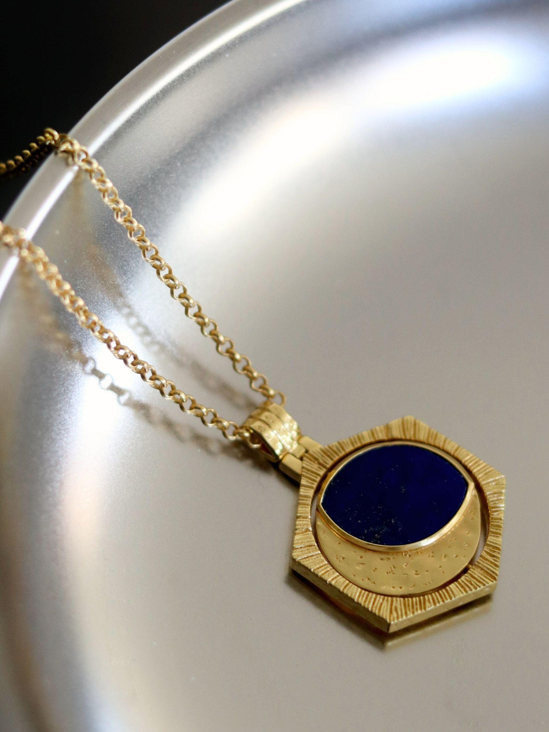 Product image 4 of 7, which shows Ottoman Hands Lapis Moon Rotating Pendant Necklace, Gold