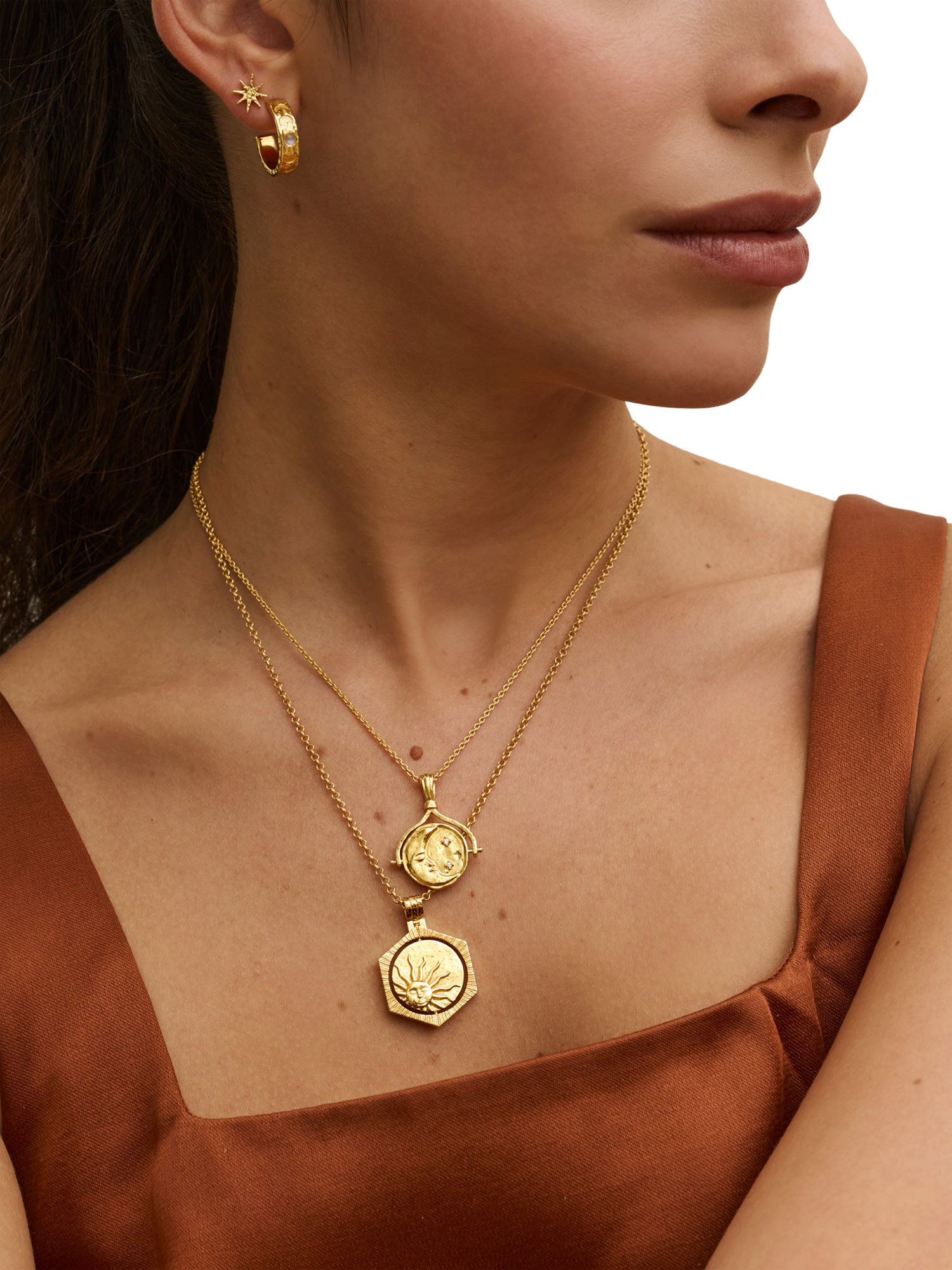 Product image 5 of 7, which shows Ottoman Hands Lapis Moon Rotating Pendant Necklace, Gold
