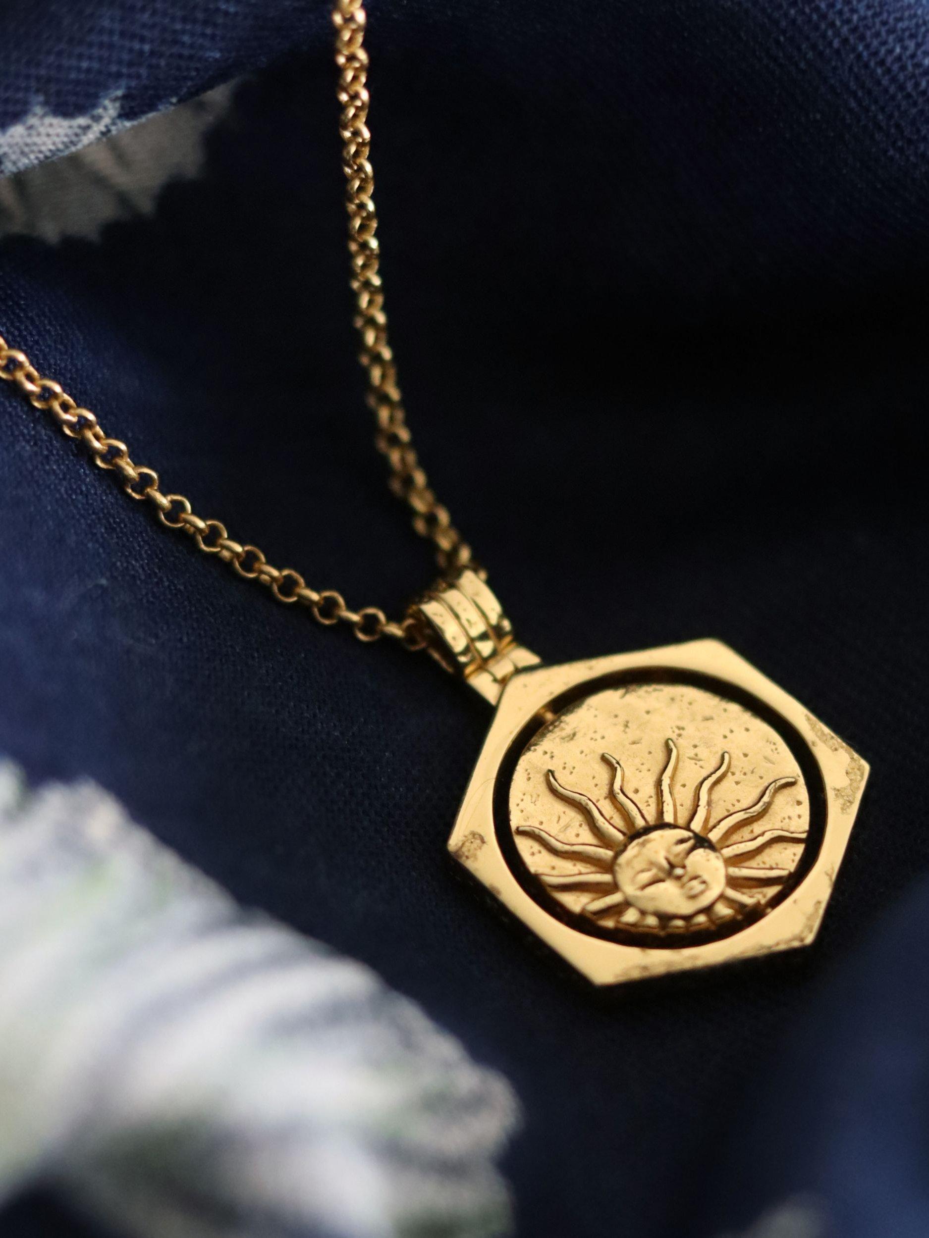 Product image 6 of 7, which shows Ottoman Hands Lapis Moon Rotating Pendant Necklace, Gold