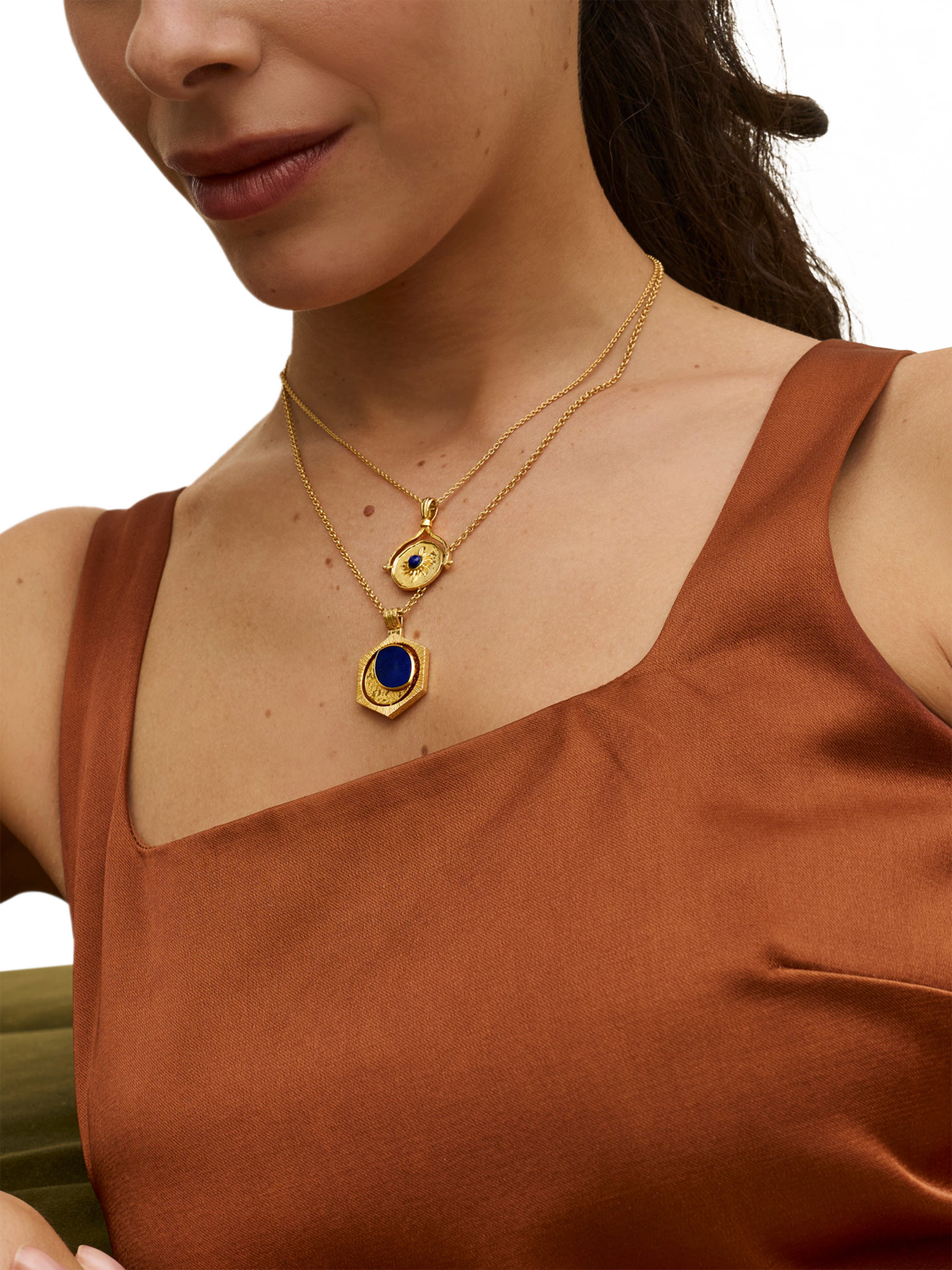 Product image 3 of 6, which shows Ottoman Hands Lapis Star Rotating Pendant Necklace, Gold
