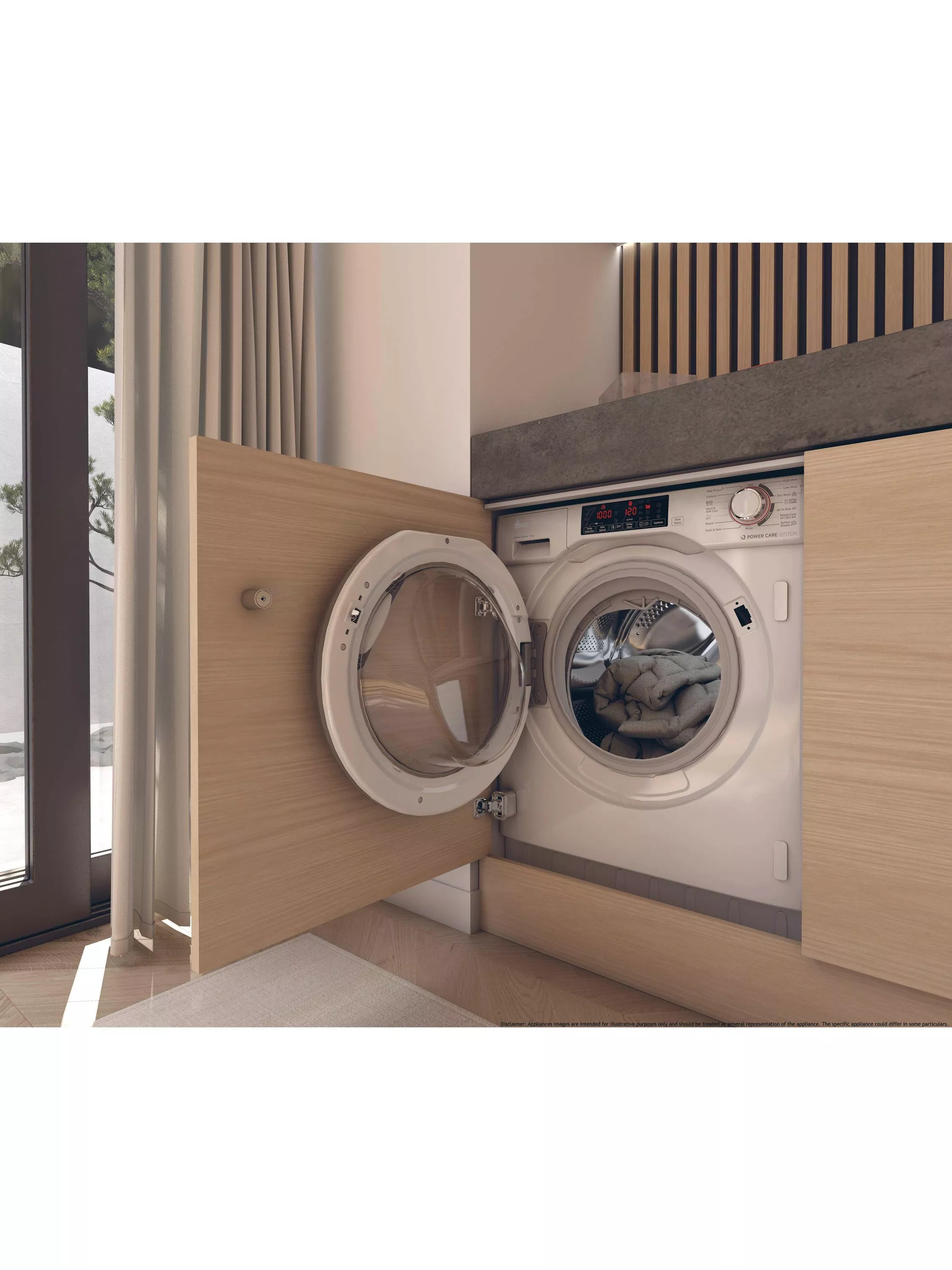 Built-in front-loading washing machine in modern laundry cabinet, door open with clothes inside, minimalist interior design