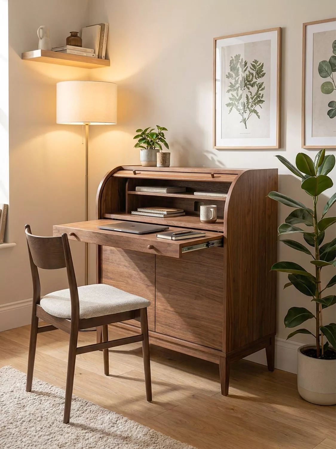 Modern home office desk by floor-to-ceiling window, timber corridor, black chair, and forest view outside.