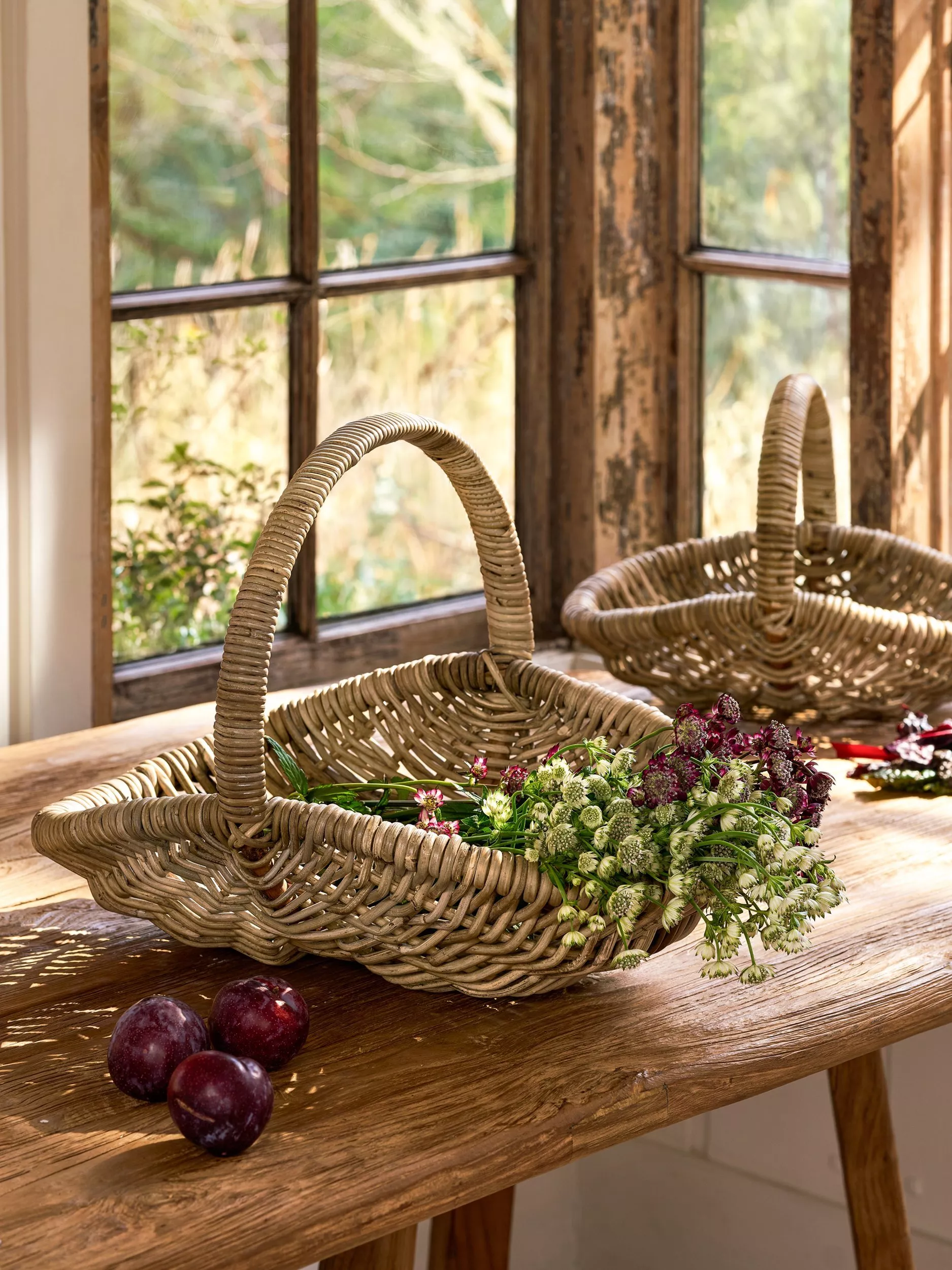 Woven wicker baskets with fresh wildflowers on rustic wooden table by sunlit window, cosy country home decor