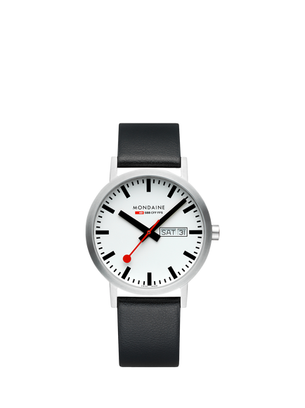 Mondaine A667.30360.11SBBV Men's Classic Day 40mm Leather Strap Watch, Black, Black