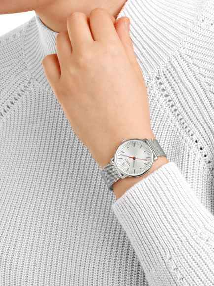 Mondaine MLE.33110.SM Women's Doppio 33mm Mesh Strap Watch, Silver - view 2, Silver