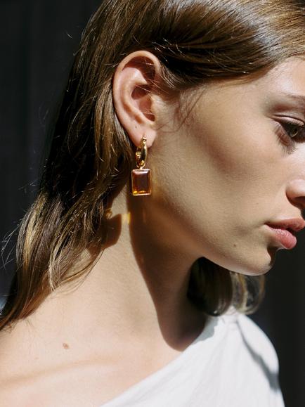 Shyla Sorrento Square Pendant Huggie Hoop Earrings, Citrine Gold - view 2, Citrine Gold
