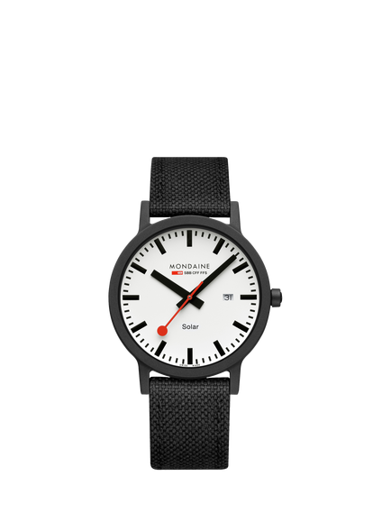 Mondaine MS1.41910.LB Men's Essence 41mm Solar Date Nylon Strap Watch, Black, Black