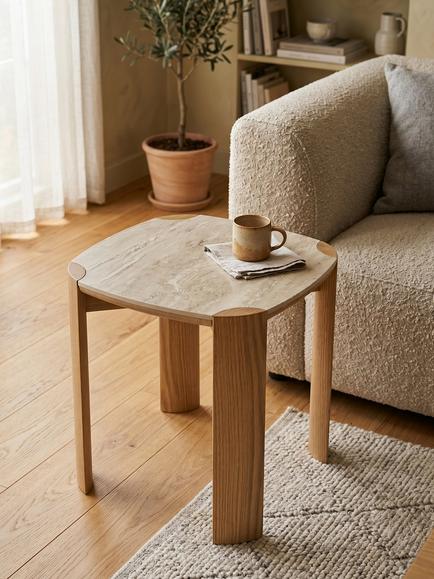 John Lewis Scoop Marble Top Side Table, Oak - view 2, Oak