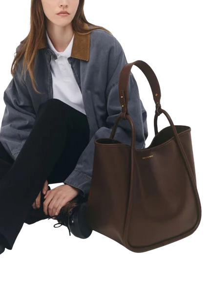 CHARLES & KEITH Lyla Tubular Slouchy Faux Leather Tote Bag - view 2, Espresso Brown