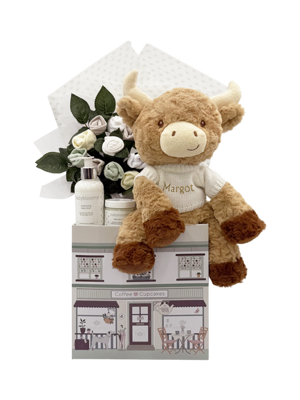 Babyblooms Personalised Harriet Highland Cow Welcome Baby Hamper, White, Neutral