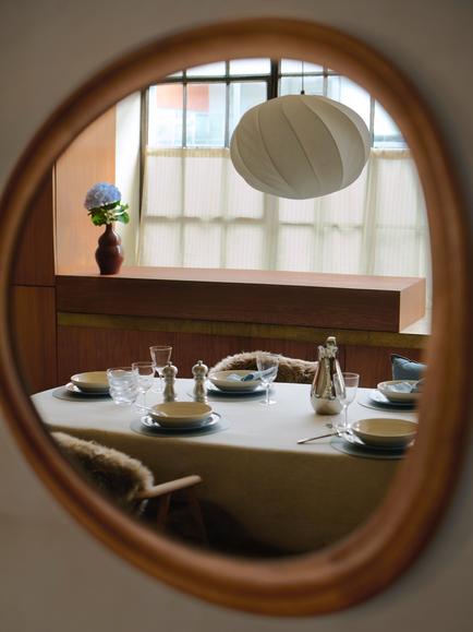 John Lewis Mid Century Circle Wood Wall Mirror, 69 x 62cm, Walnut - view 2, Walnut