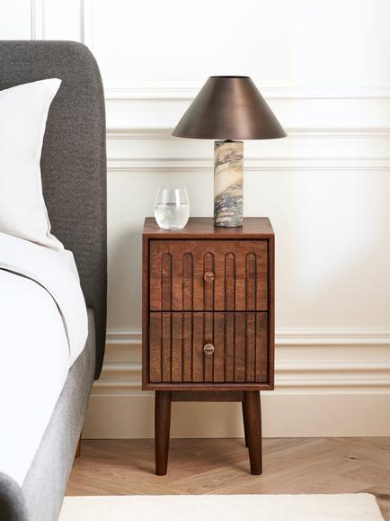 John Lewis Groove 2 Drawer Bedside Chest, Stained Mango Wood - view 2, Dark Brown