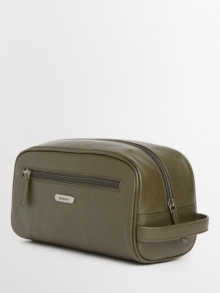 Barbour Brunton Leather Washbag, Dark Olive, Dark Olive