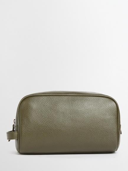 Barbour Brunton Leather Washbag, Dark Olive - view 2, Dark Olive