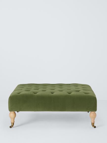 John Lewis Classic Square Footstool, Castor Feet, Green Velvet, Green Velvet