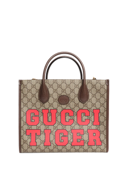 Pre-loved GUCCI Tiger GG Canvas and Leather 2-Way Tote Bag, Brown, Brown/Red