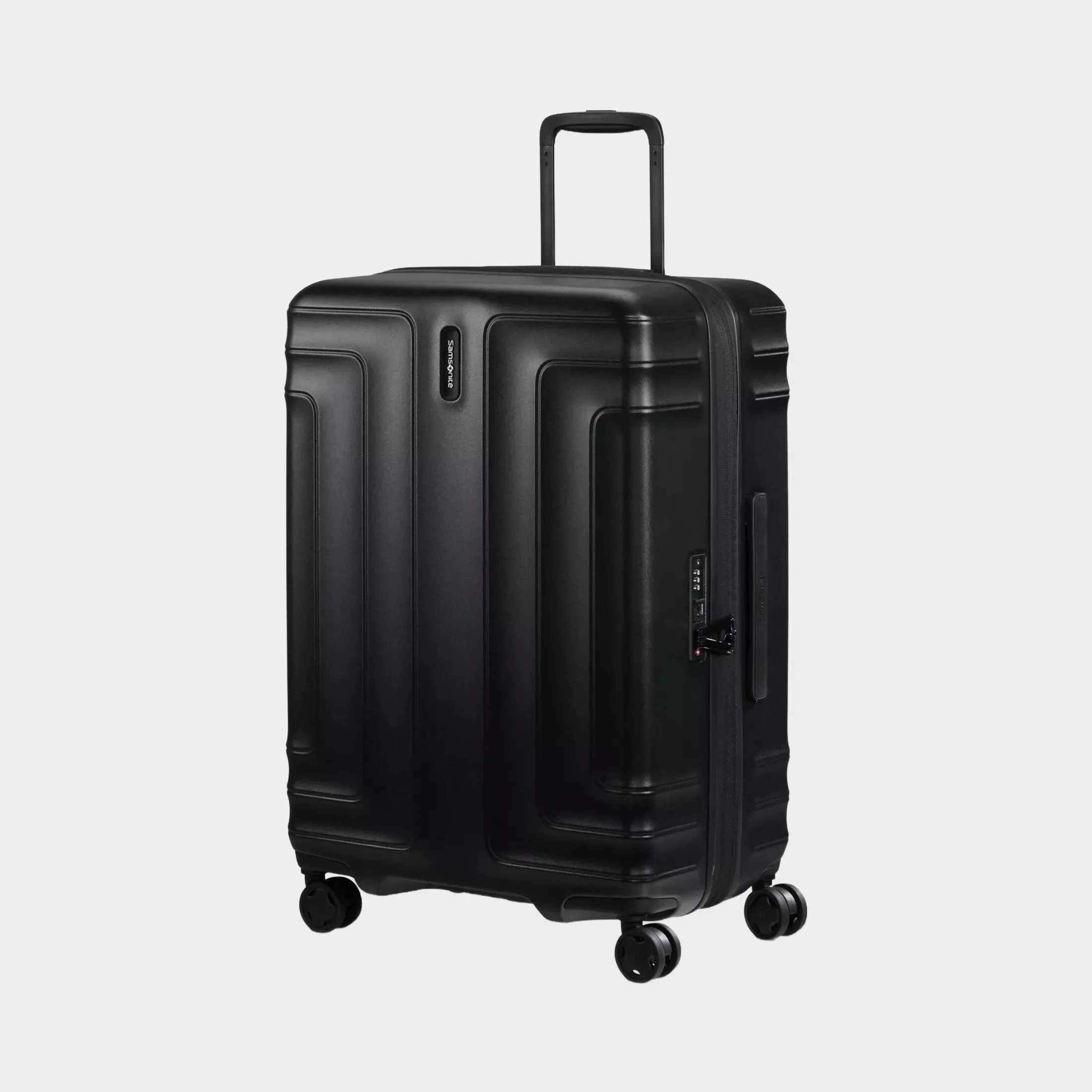 Black hard-shell spinner suitcase with telescopic handle and TSA lock, ideal durable travel luggage on wheels