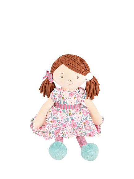 Tikiri Katy Brown Hair Rag Doll in Pink Floral Cotton Dress, Multi