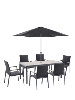 LG Outdoor Sanctuary 6-Seater Rectangular Garden Dining Table & Chairs Set with Parasol, Birch Grey, Birch Grey