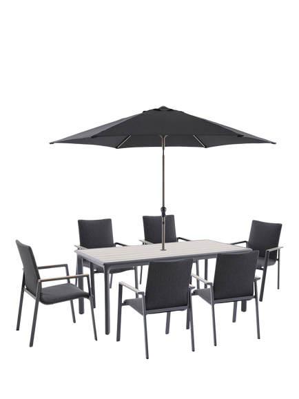 LG Outdoor Sanctuary 6-Seater Rectangular Garden Dining Table & Chairs Set with Parasol, Birch Grey, Birch Grey