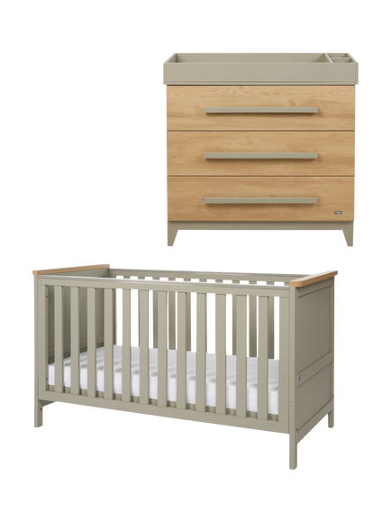 Tutti Bambini Misha Cotbed, Pocket Sprung Mattress & Hallee Changing Table Dresser, Sage