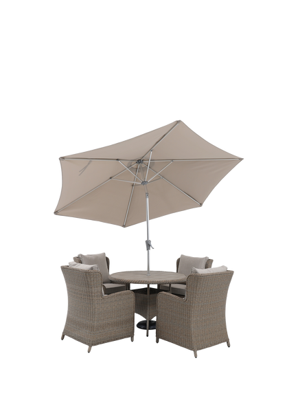 KETTLER Derwent Woven 4-Seater Round Garden Dining Table & Chairs Set with Parasol & Base, Brown, Brown