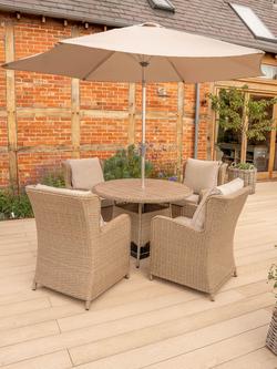 KETTLER Derwent Woven 4-Seater Round Garden Dining Table & Chairs Set with Parasol & Base, Brown - view 2, Brown