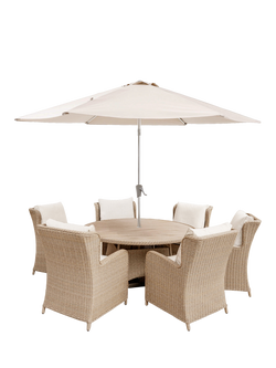 KETTLER Derwent Woven 6-Seater Round Garden Dining Table & Chairs Set with Parasol & Base, Brown, Brown
