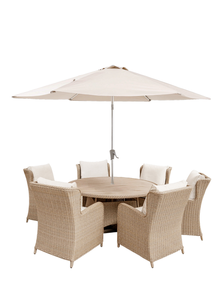 KETTLER Derwent Woven 6-Seater Round Garden Dining Table & Chairs Set with Parasol & Base, Brown, Brown