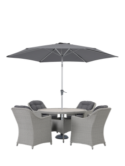 KETTLER Foxley Woven 4-Seater Round Garden Dining Table & Chair Set with Parasol & Base, Grey, Grey