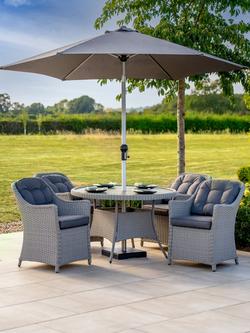 KETTLER Foxley Woven 4-Seater Round Garden Dining Table & Chair Set with Parasol & Base, Grey - view 2, Grey
