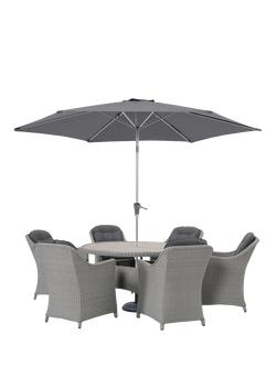KETTLER Foxley Woven 6-Seater Round Garden Dining Table & Chair Set with Parasol & Base, Grey, Grey