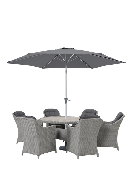 KETTLER Foxley Woven 6-Seater Round Garden Dining Table & Chair Set with Parasol & Base, Grey, Grey
