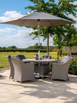 KETTLER Foxley Woven 6-Seater Round Garden Dining Table & Chair Set with Parasol & Base, Grey - view 2, Grey