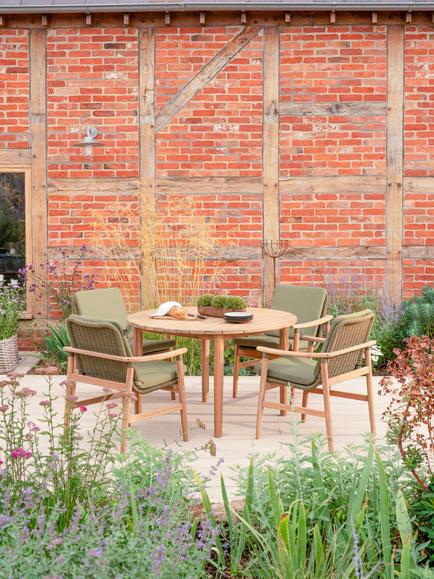 KETTLER Meadow 4-Seater Round Garden Dining Table & Chairs Set, FSC-Certified (Acacia Wood), Natural/Green - view 2, Natural/Green