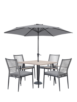 KETTLER Merano 4-Seater Square Garden Dining Table & Chairs Set with Parasol & Base, Grey, Grey