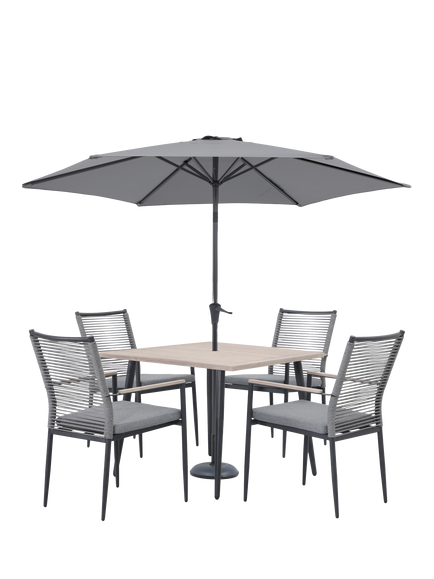 KETTLER Merano 4-Seater Square Garden Dining Table & Chairs Set with Parasol & Base, Grey, Grey