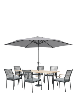 KETTLER Merano 6-Seater Rectangular Garden Dining Table & Chairs Set with Parasol & Base, Grey, Grey