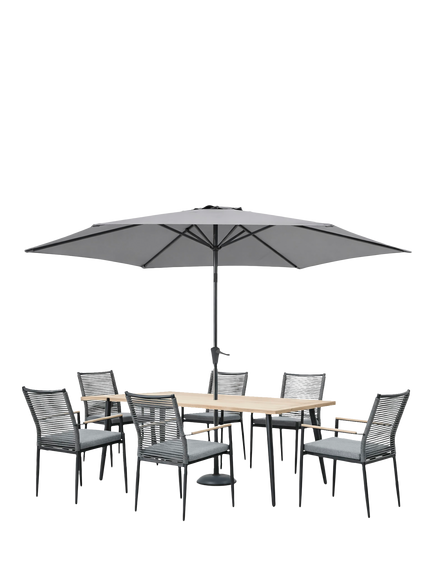 KETTLER Merano 6-Seater Rectangular Garden Dining Table & Chairs Set with Parasol & Base, Grey, Grey