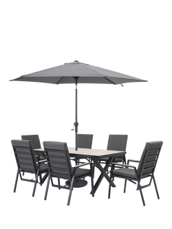 KETTLER Tudor 6-Seater Rectangular Garden Dining Table & Reclining Chairs Set with Parasol & Base, Anthracite, Anthracite
