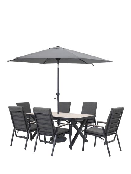 KETTLER Tudor 6-Seater Rectangular Garden Dining Table & Reclining Chairs Set with Parasol & Base, Anthracite, Anthracite