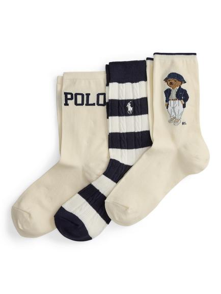 Ralph Lauren Polo Bear Crew Socks, Pack of 3, Ivory Assorted, Ivory Assorted