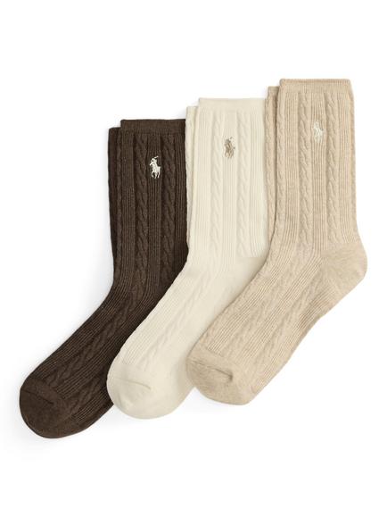Ralph Lauren Cable Knit Crew Socks, Pack of 3, Neutrals Assorted, Neutrals Assorted